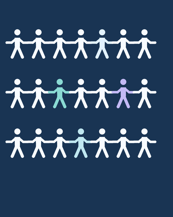 A 2D chain of people holding hands, mostly white with blue, teal, and lavender figures.