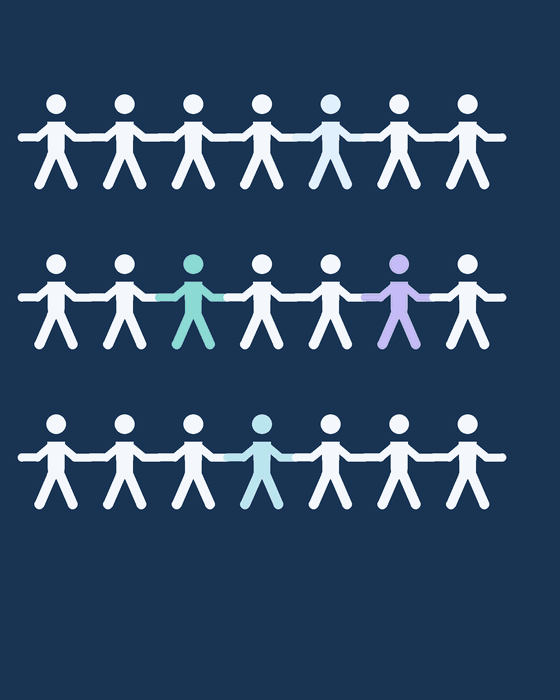 A 2D chain of people holding hands, mostly white with a few figures gently changing color.