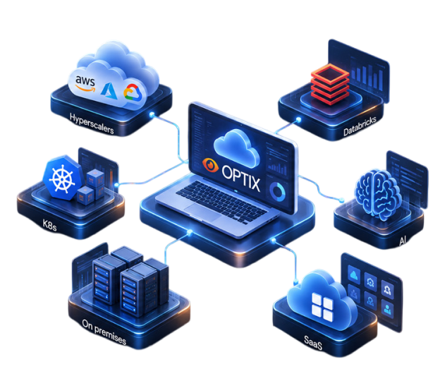 OPTIX connects cost intelligence across hyperscalers, Databricks, Kubernetes, AI, on-premises infrastructure, and SaaS.