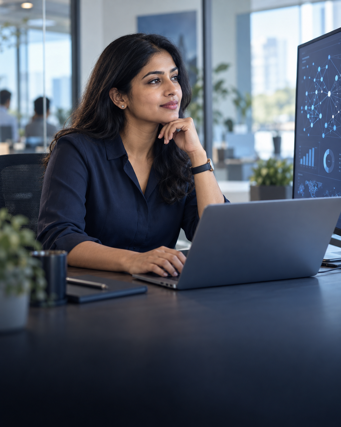 Technology analyst exploring connected data at her workstation.