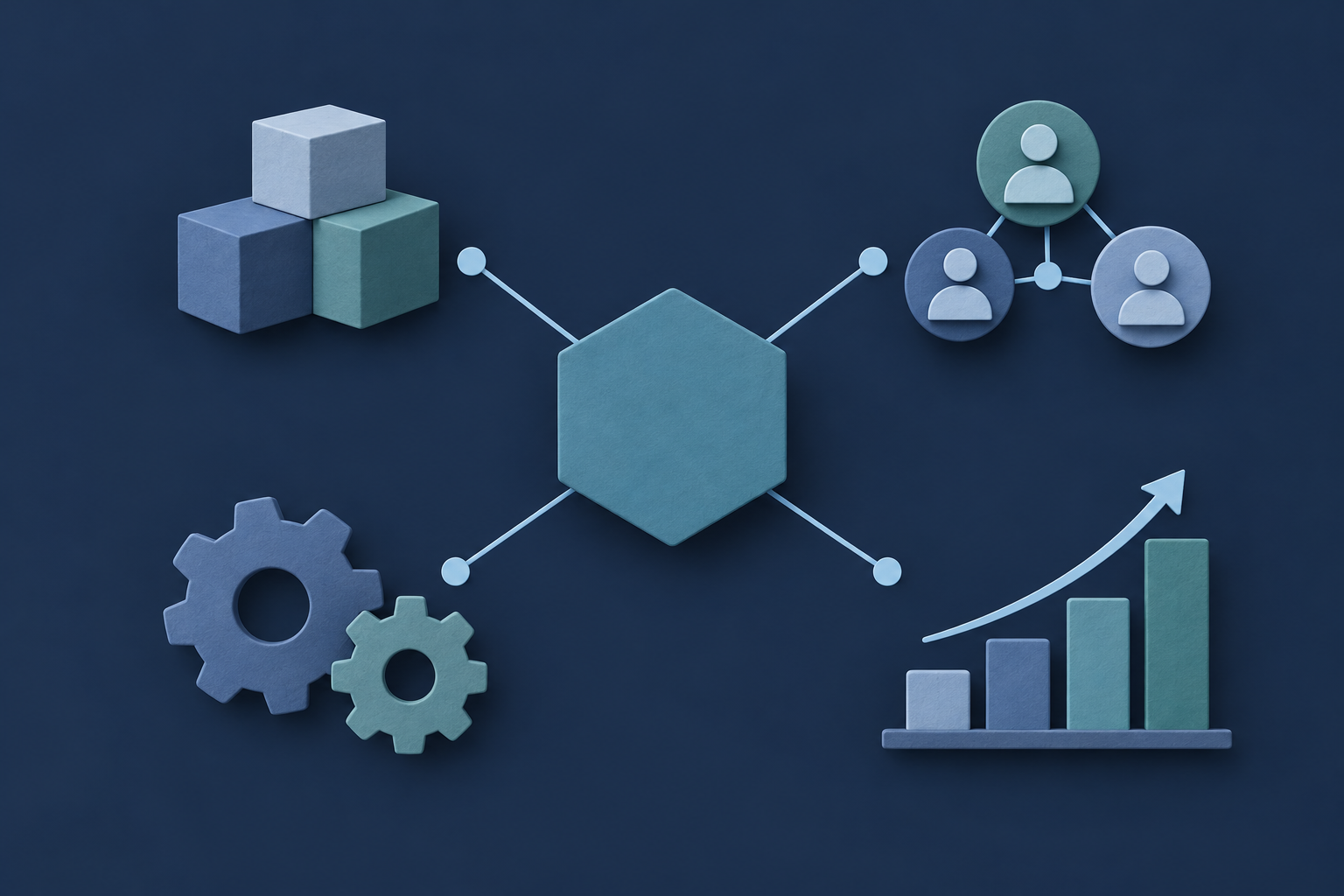 A matte shared-context hub connects products, teams, operations, and business growth.