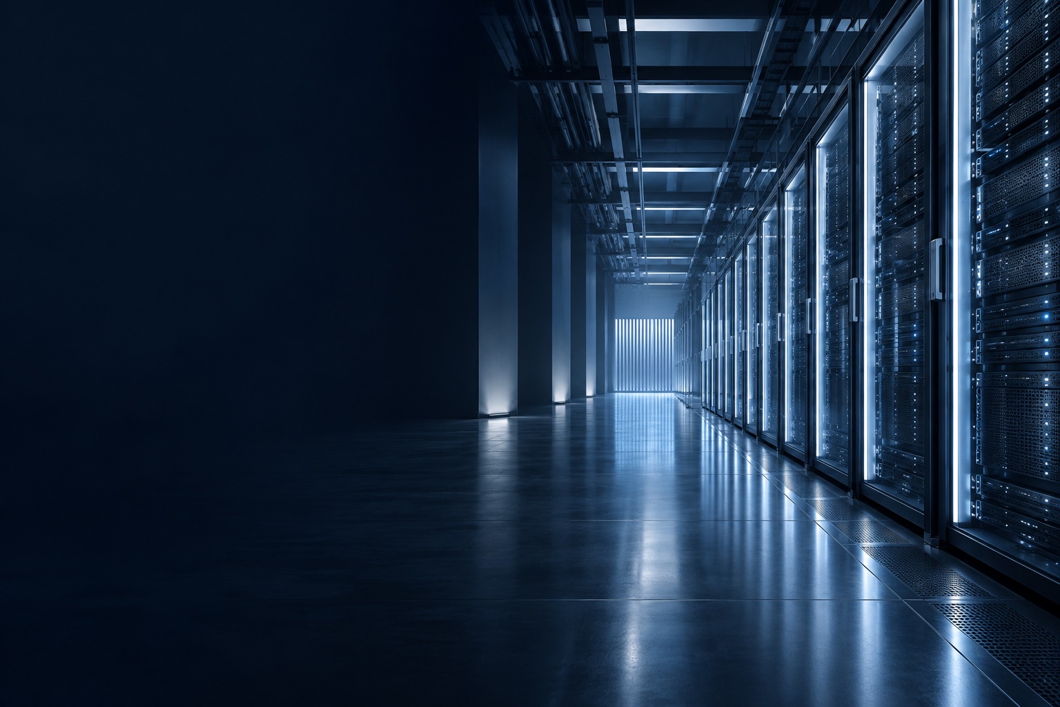 Modern data-center infrastructure with connected server racks.